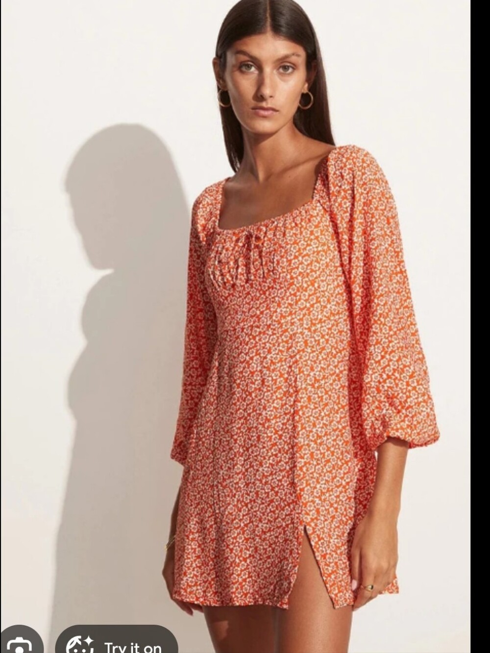 Faithfull the Brand Orange Floral Long-Sleeve Mini Dress